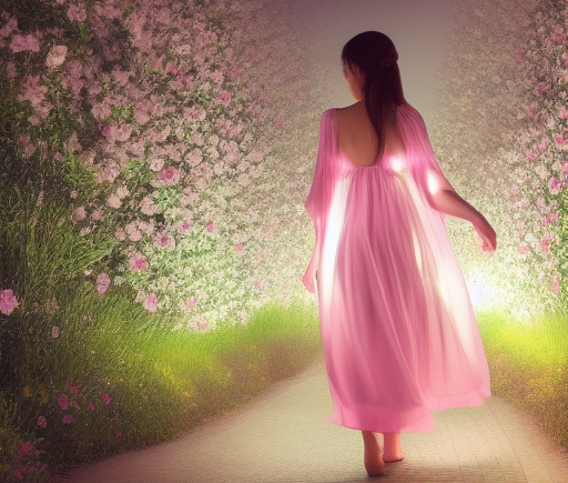 Chica caminando en una vereda llena de flores en un sueño